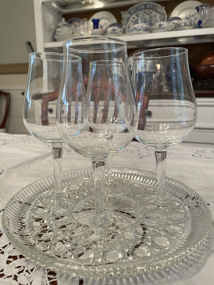 Vintage Crystal Grappa Wine Glasses Set Of 4 Hand Blown Stems 7 In.