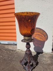 Large 23″ Tall Amber Tortoise Shell Glass VASE/Candle Holder. HEAVY Brass BASE