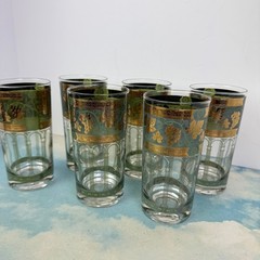 VTG Cera Tumblers Gold Grapes Green Pillars High Ball Glass 12 oz 22K? MCM Set 6