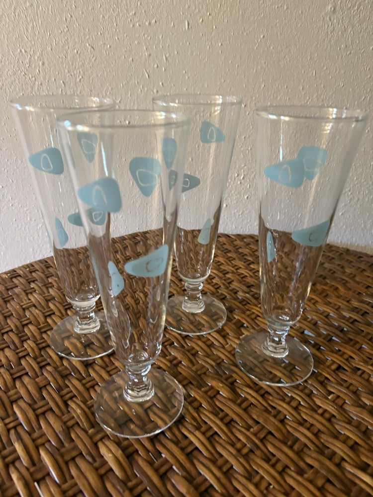 Set Of 4 Vintage MCM turquoise Boomerang Design Pilsner Glasses
