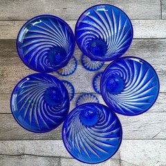 Set of 5 Cristal D’Arques Valse Cobalt Blue Cut to Clear Crystal Wine Goblets