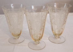 Set 3 HTF Tiffin Glass LA FLEURE Elegant MADARIN YELLOW Etched ICED TEA TUMBLERS