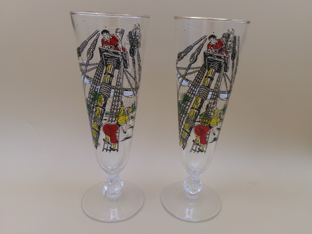 Pair Vintage 1950s Libbey Treasure Island 12oz Pilsner Glasses with 22K Gold Rim