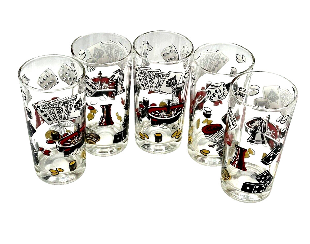 Set~5/CCC Hazel Atlas High Ball Glasses Barware Casino Gambling Poker Game Night