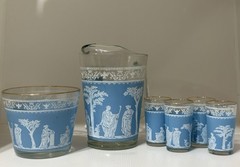 6 pc set Jeannette Hellenic Wedgwood Blue Glass Tumblers, Ice bowl & Pitcher