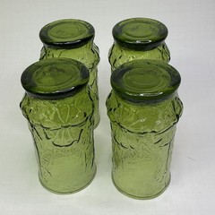 MCM 70s Anchor Hocking Rainflower 6” High Tumbler Glass Set of 4 Avocado Green