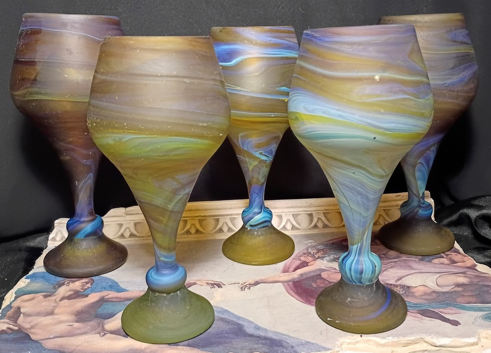 5 Hand Made West Bank Hebron Glass PHOENICIAN Swirled Glasses Wine Goblets