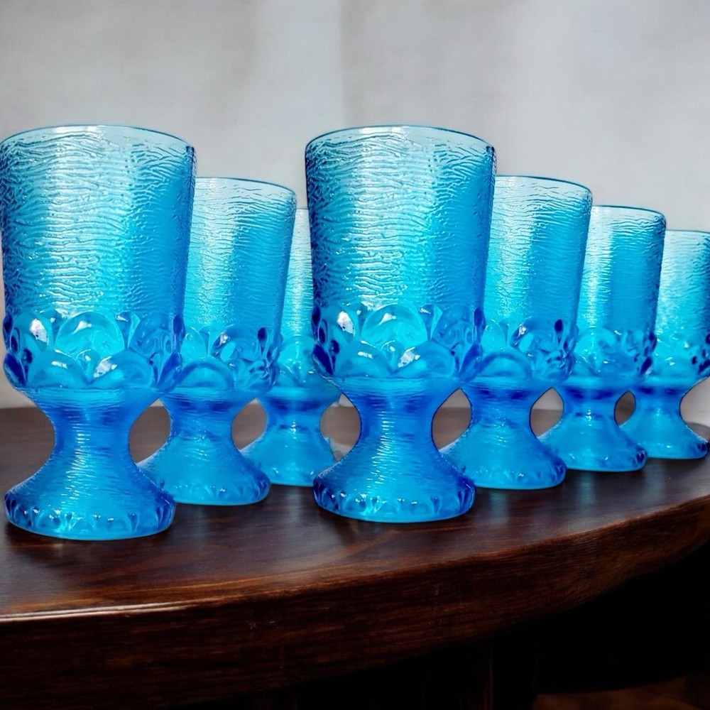 7 Vintage -MCM -Brockway Glass Monterey Blue Wine Water Drinking Glasses Goblets