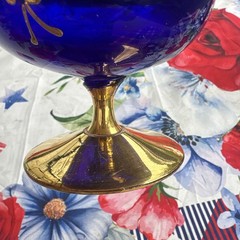 Bohemian Czech Royal Blue Glass Sniffer with Gold Accents and Enamel Flower