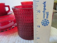 Ruby Red Hobnail Bumpy Texture Heavy Glass Cups and Saucers 4 Sets