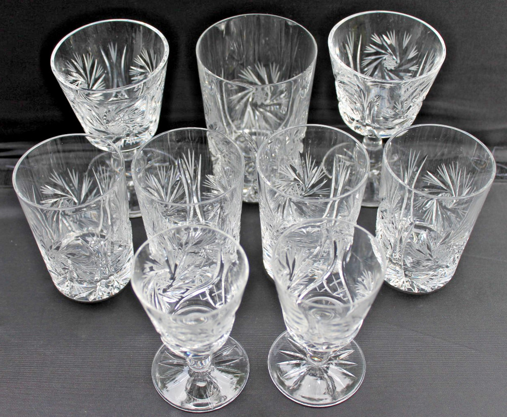 9pc Vintage Bohemian Cut Crystal Barware Set Pinwheel Whirling Star Czech Glass