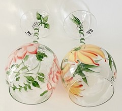 Set of 2 Hand Painted Floral Wine Glasses Pink Flower & Yellow Lily Art Glass