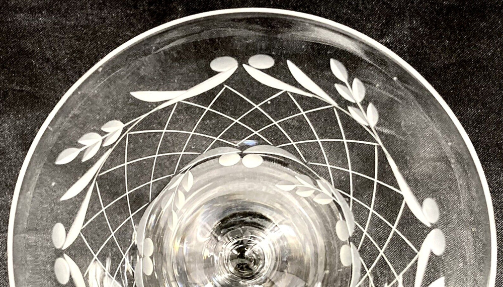 4 Vtg Etch Criss Cross Hatch Dots Leaf Gray Cut Wine Goblets 9oz 6 5/8″ Set RARE