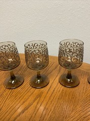 Libbey Prado Water Goblet Glasses Embossed Scroll Tawny Brown 70s Set 4 Wine