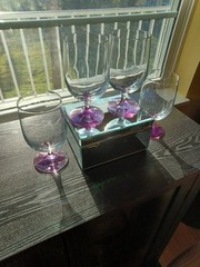 Set of (4) Clear Glass-Short Stemmed-Water Goblets-Lilac Plum Bottoms.