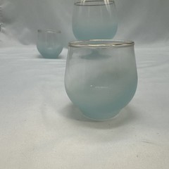 Vintage Blue Blendo Footed Server w/ 4 Glasses Frosted Gold Rim Mid Century