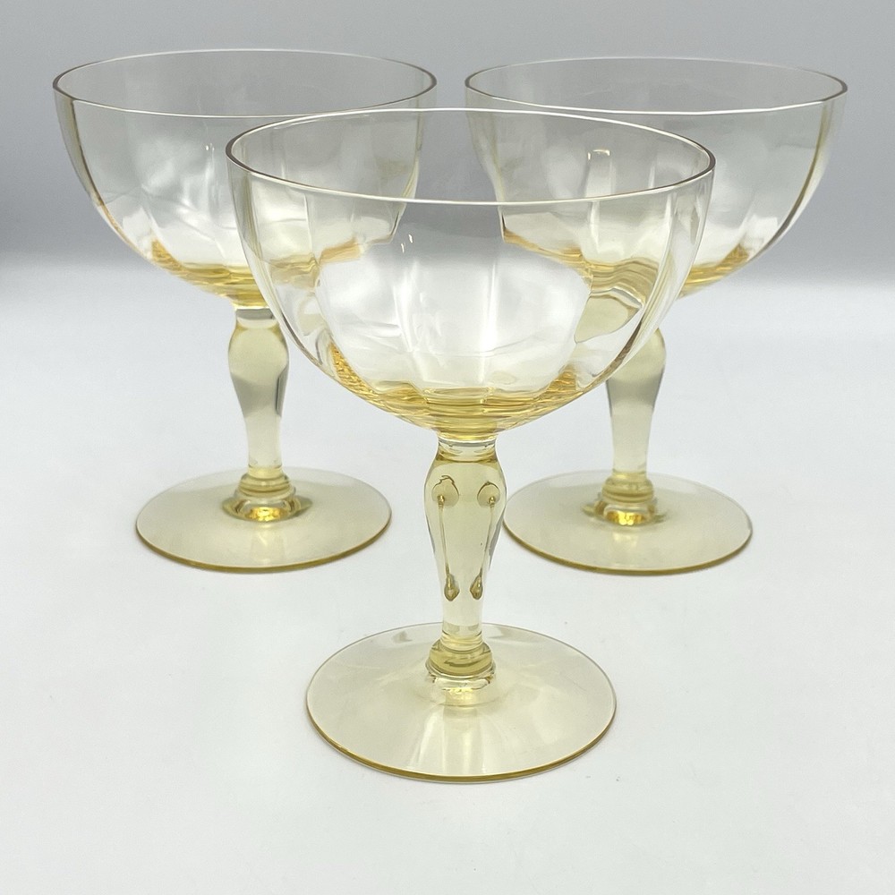 Vintage 1950s Set of 3 Yellow Art Deco Glass Champagne Coupe Glasses 4.75″