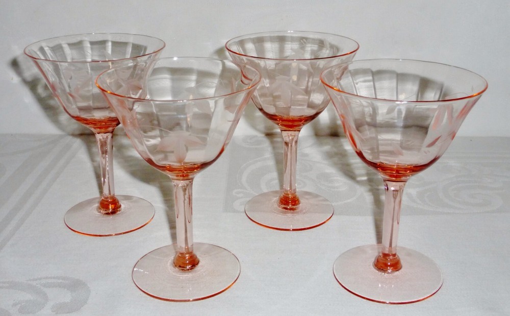 4 – Tiffin 14196-10 Pink Etched Optic Champagne Goblets Sherbet Glasses 5″