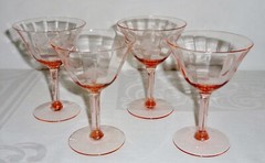 4 – Tiffin 14196-10 Pink Etched Optic Champagne Goblets Sherbet Glasses 5″