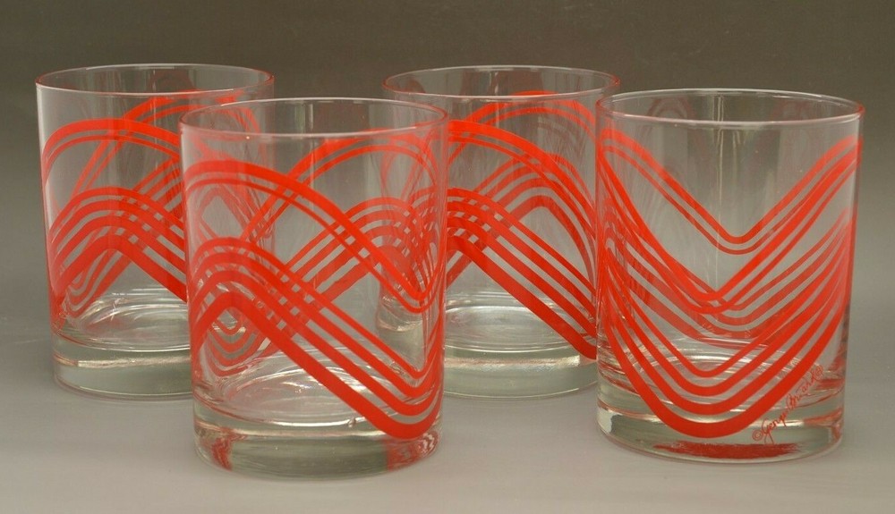 (SET OF 4) MCM Vintage Georges Briard Red Geometric Heart Old Fashioned Glasses