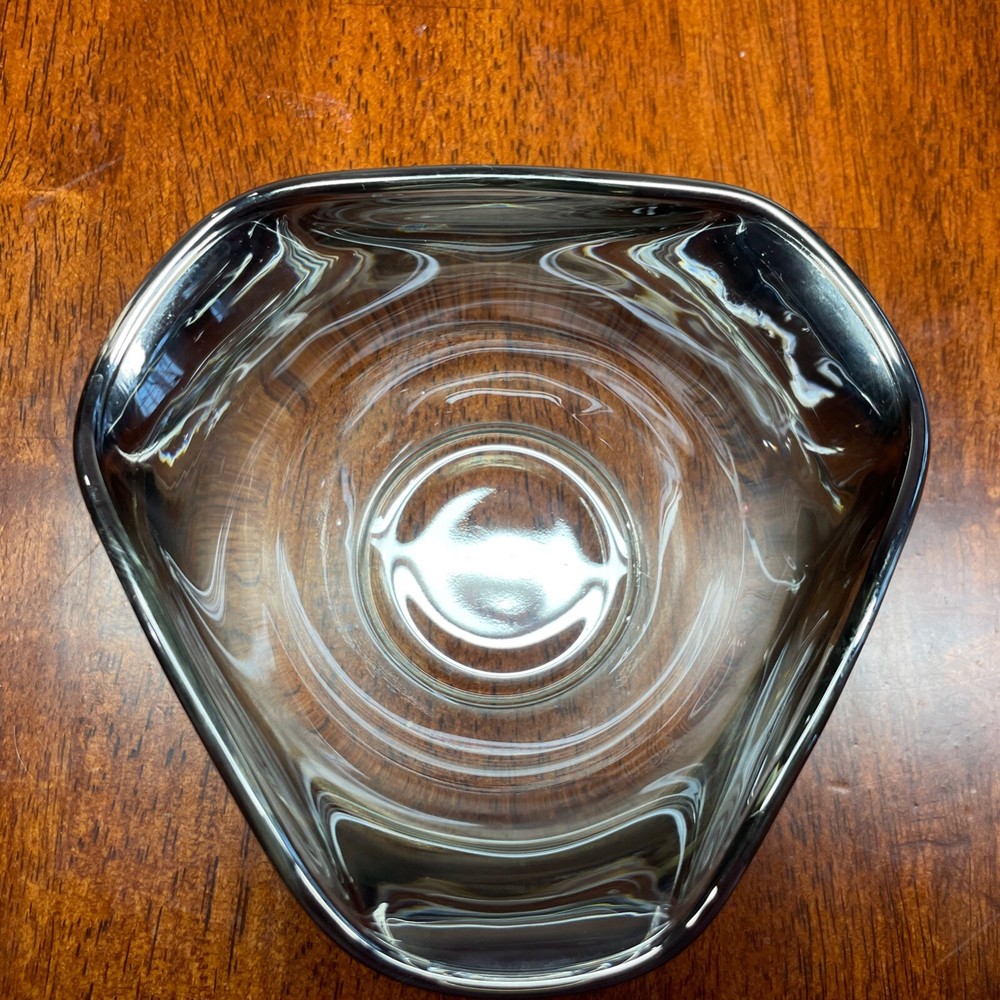 Vintage Silver Smoke Ombre Rim Glass Bowl, 5″ Widest, 2 3/4″ High