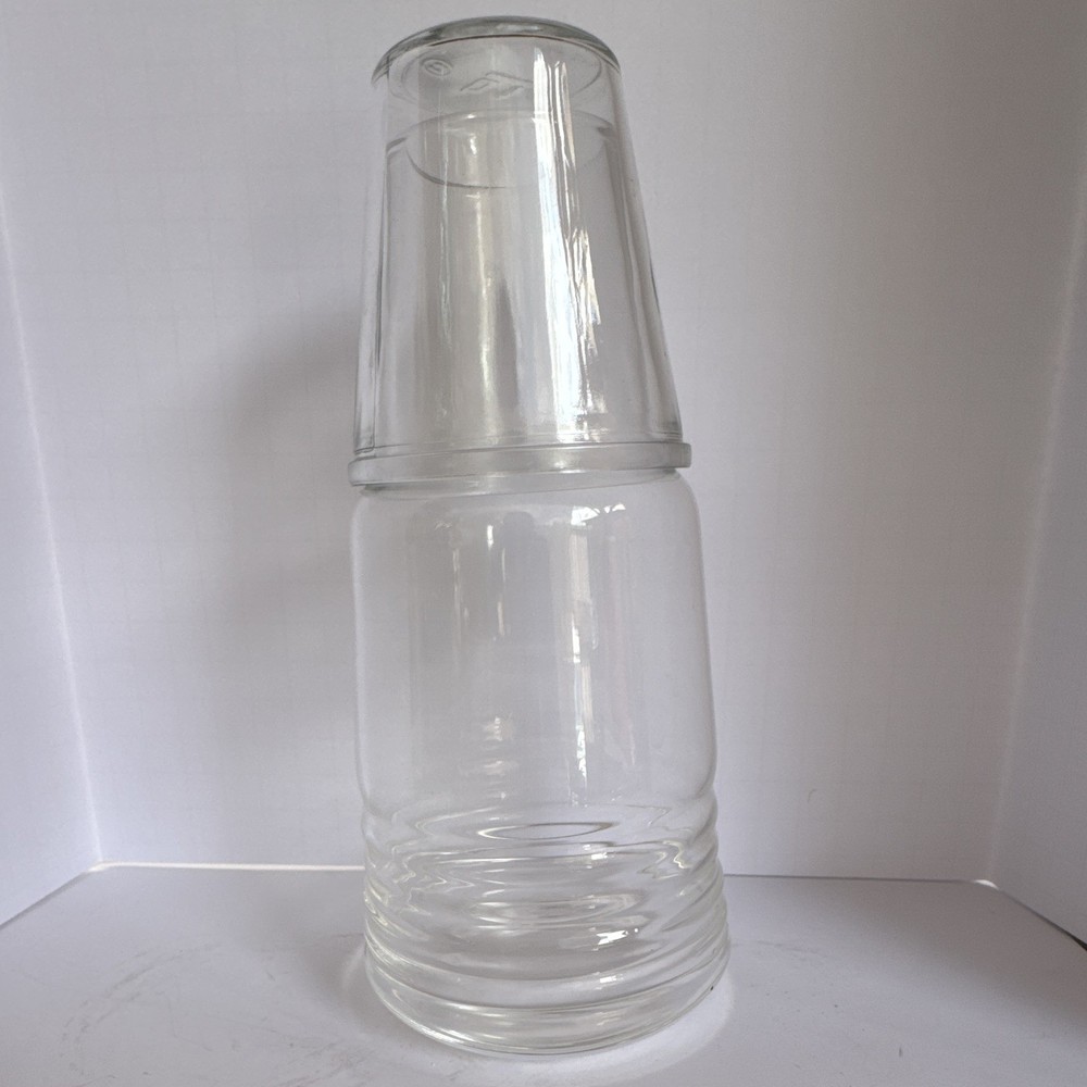Mid Century Etched Swirl Clear Tumble Up Bedside Carafe w Replacement Glass