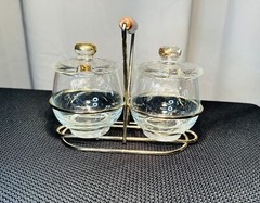 Libbey Condiment Caddy Retro MCM 2 Glass Containers With Wood And Metal Carrier.