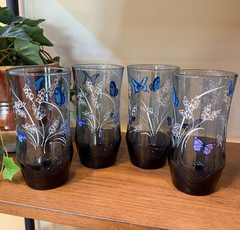 Vintage Set 4 Libbey Smokey Blue Glass Butterflies Scene 10oz Tumblers Glasses