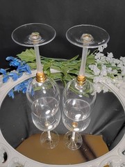 2 White Frost Stem, Triple Gold Lozenge Crystal Wine Glasses Pair Set