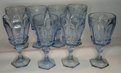 2 x Vintage Fostoria Pastel Pale Blue Wine Glasses Goblets Footed Pedestal