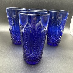 (4) Arcoroc Royal Sapphire Cobalt Blue Beverage Glasses Palm Leaf France 14oz