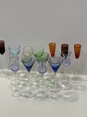 Lot Of 16 Liquor Glasses Cordials Gem Colors Vintage Fine Glass Long Steam