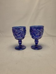 Vtg Fenton Cobalt Blue Madonna Inn Wild Rose Mosser Wine Glass Goblets Set Of 2