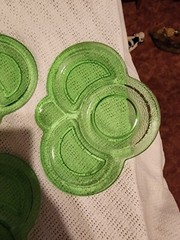 “By Cracky” Set Of 3 Crackle Uranium Glass Snack plates LE Smith 1930s