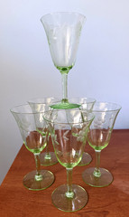 Depression Uranium Glass Etched Wine Glasses Set of 6! Antique Vaseline Glass!