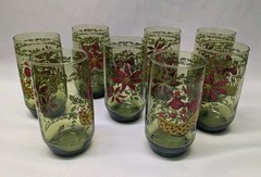 Vintage Christmas Glass Tumblers Set 8 Green Poinsettia Holly Holiday Barware
