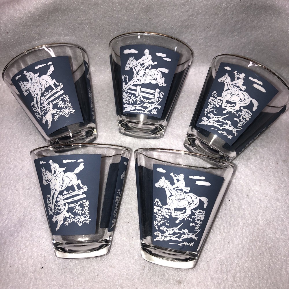 Hazel Atlas Jasperware MCM Tally Ho Equestrian Horse Double Shot Glass Set of 5