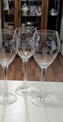 4 Vintage Etched Grape Clusters Wine Glasses long stem crystal goblets decor gra