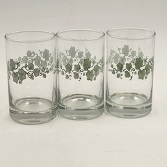 3 Corelle Callaway Clear Glass Green Ivy 6oz Glassware Juice Corning Ware 4″ USA