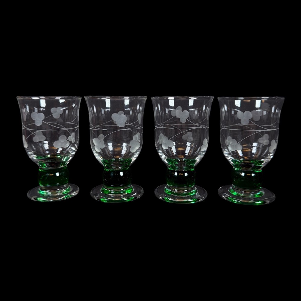 Set of 4 Eamon Hand Engraved Shamrock green base flowers Irish Glasses 5′