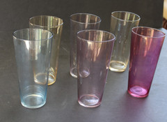 6 Vtg Delicate Depression Glass Tumblers iridescent Optic 6 1/2″ Multi colors