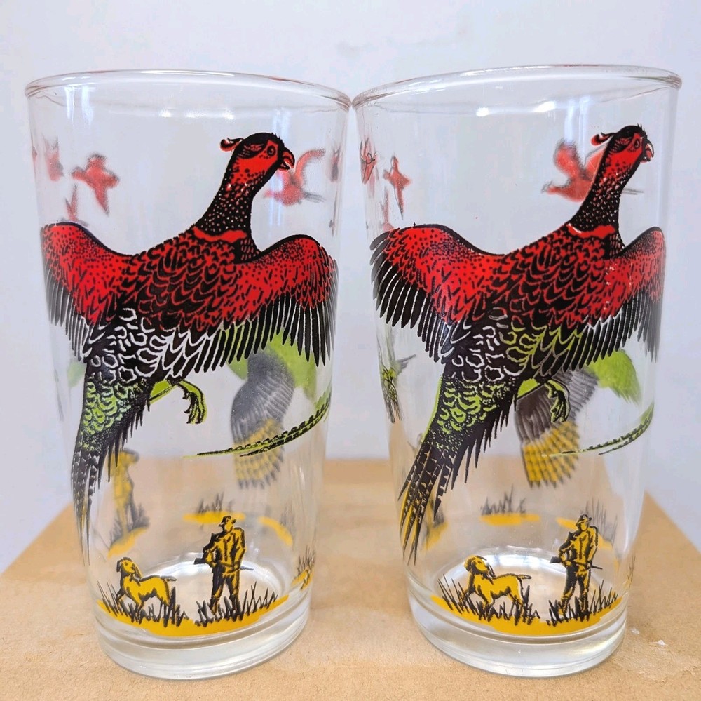 2 Vintage 10 Oz  Tumbler Highball Glass Hazel Atlas Pheasant Game Bird Hunting