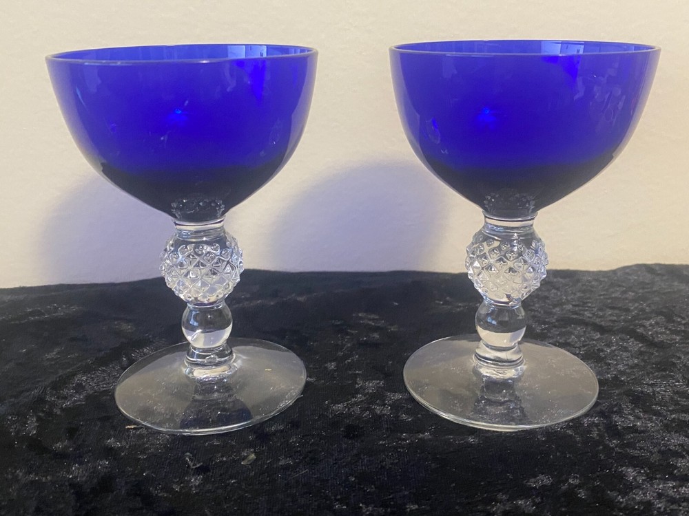 2 Morgantown Cobalt Ritz Blue Golf Ball Champagne or Tall Sherbet Glasses Y0031