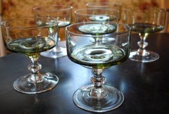 SASAKI REGENCY Vtg MCM Set 6 Champagne/Sherbet Glasses OLIVE GREEN w Clear Stem