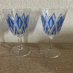 50’s MCM French Diamond Cut Crystal Wine Glasses by VMC Reims S/2 Blue