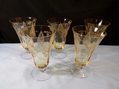 Set of 5 Fostoria Topaz Yellow Glass Trojan Ice Iced Tea Goblets Footed Tumblers