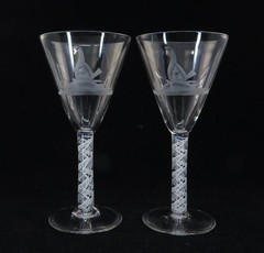 Beautiful Antique Air Twist Stem & Etched Glass Stemware: 2 Wine Glasses 7 7/8″t