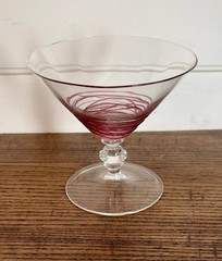 H.C. Fry Art Deco Cranberry Threaded Champagne or Martini Glass-C. 1925