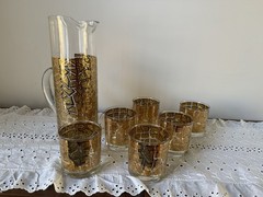 Mid Century 22k Gold Mosaic Pitcher & Set Of 6 low ball glasses- hard to find