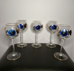 Bohemian Pansy & Butterfly Stemmed Glasses –Hand-Painted Vintage